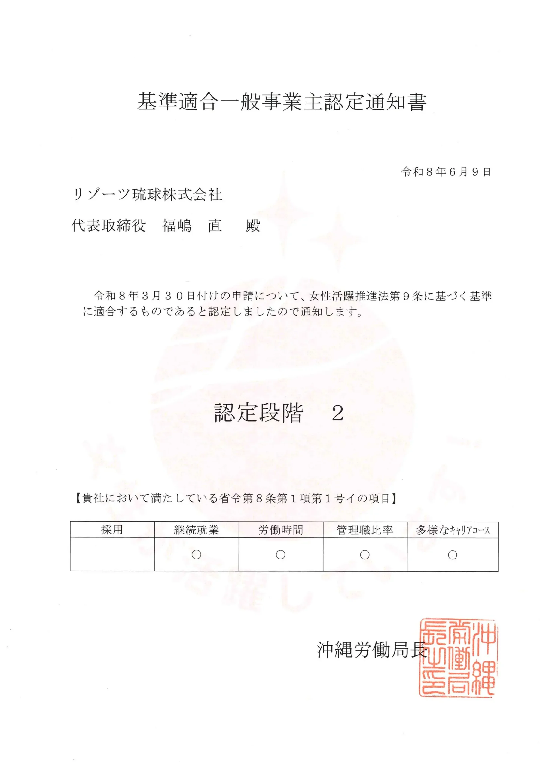 基準適合一般事業主認定書（えるぼし認定二つ星）